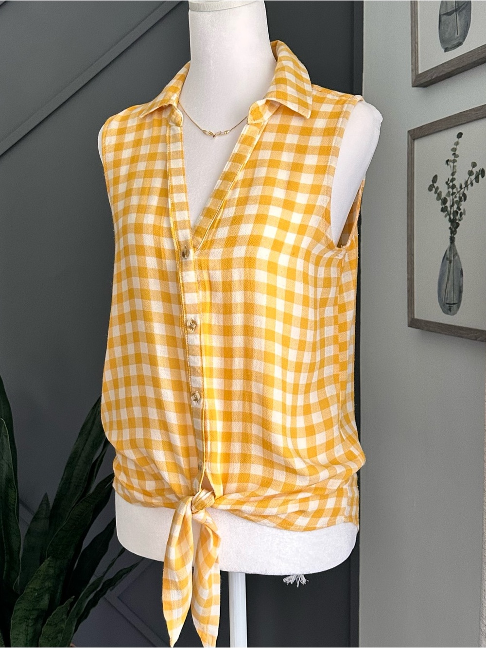 Harper Yellow and White Gingham Tie-Front Sleeveless Blouse - Picture 2 of 7